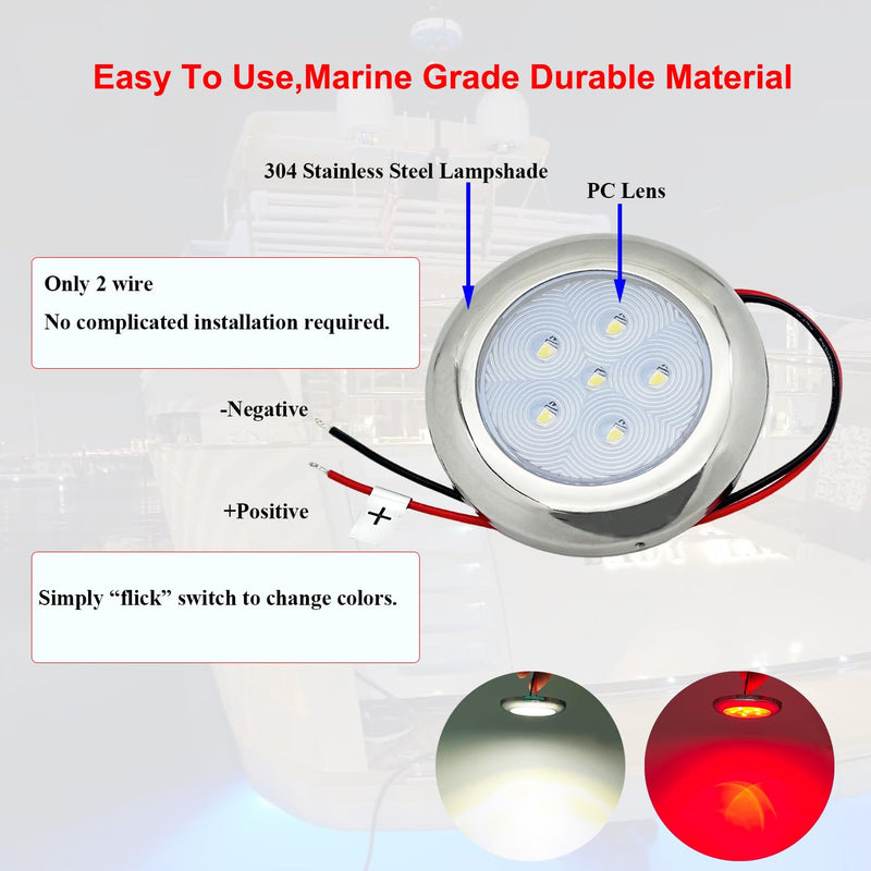 LED Boat Courtesy Light 3Inch Dual Color, IP68 Waterproof 316 Stainless Steel Boat Interior Exterior Deck Cabin Dome Transom Cockpit T Top Marine Light for Fishing Pontoon Bass Sailboat (White|Red) White & Red