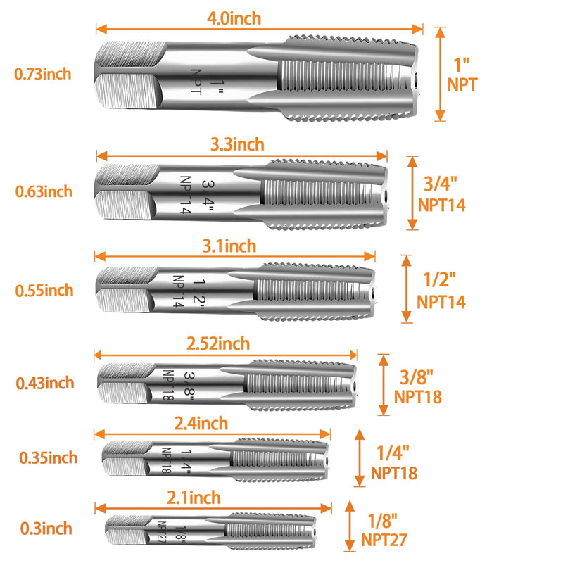 6-Piece NPT Pipe Tap Set, Precision Carbon Steel NPT Tap Set for Clean Accurate Threads, 1", 3/4", 1/2", 3/8", 1/4", 1/8" NPT Tap, Perfect for Plumbers Mechanics DIYers, with Durable Plastic Case 6 Piece 1", 3/4", 1/2", 3/8", 1/4", 1/8" NPT Tap