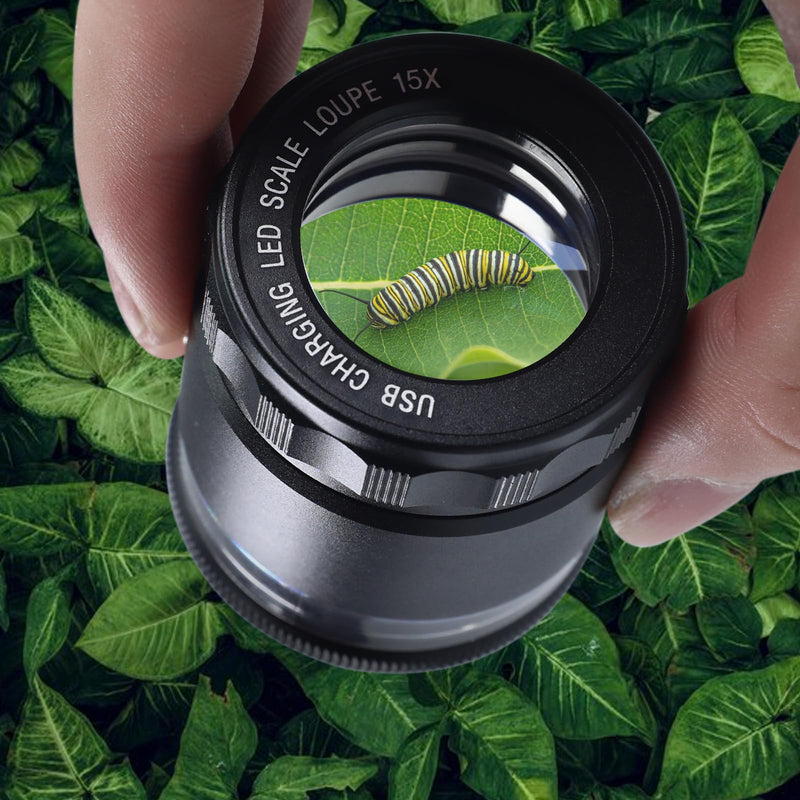 15X Jewelers Loupe with Light USB Rechargeable Metal Loupe Magnifier with Detachable Reticle Scale, 25mm Field of View, Adjustable Focus Eye Loupe Jewelry Magnifying Glass for Gems, Coins, Watches