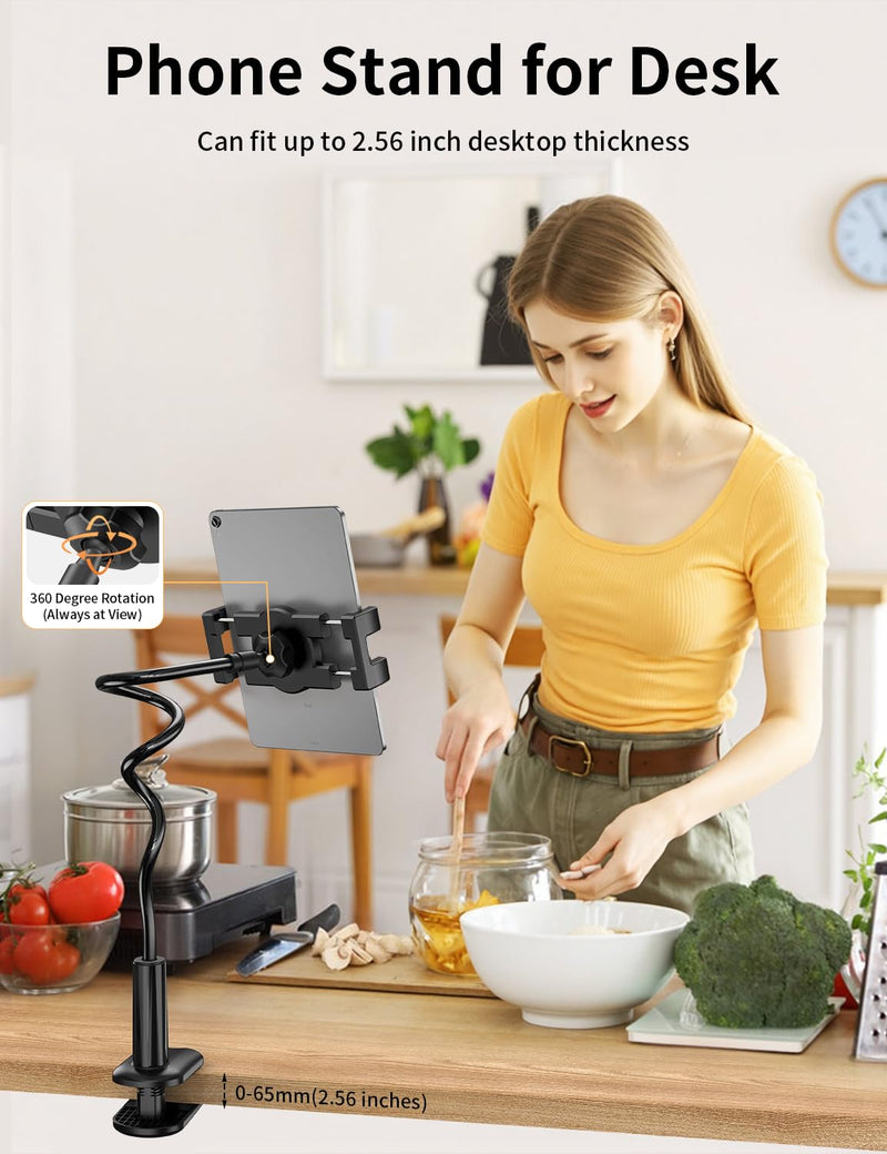 Gooseneck Tablet Holder for Bed, Adjustable ipad Stand with Long Arm | 360° Adjustable, Hands Free Tablet Mount Clip, Compatible with iPad/Mini/Galaxy Tabs/Kindle/Switch or More 4.7-12.9" Devices
