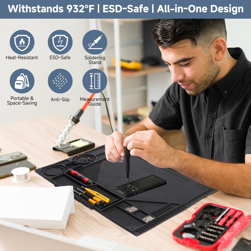 Silicone Soldering Mat with Soldering Stand, 20x14 Inch ESD Anti Static & 932°F Heat Resistant Workbench Mat for Electronics Repair, PCB, Phone, Watch, PC Building