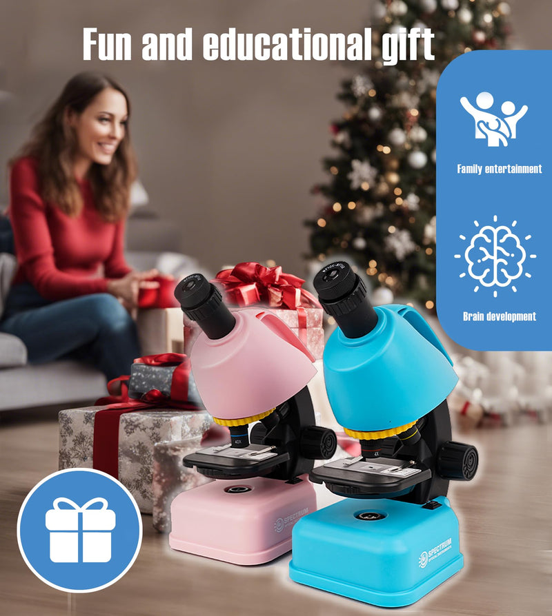 SpectrumOI Pink Microscope for Adults and Kids,40X - 640X Compound Microscope for Beginner 8-12, Kids Microscope with 8 Spicemen Slides, Microscope kit for Kids