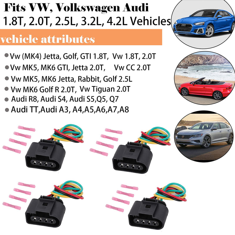 Vw Ignition Coil Connector Plug Harness Compatible with Volkswagen Vw Passat Audi A4 1.8T, 2.0T, 2.5L, 3.2L, 4.2L 4 Pack Vw Ignition Coil Harness 16pcs Heat Shrink Butt Connectors