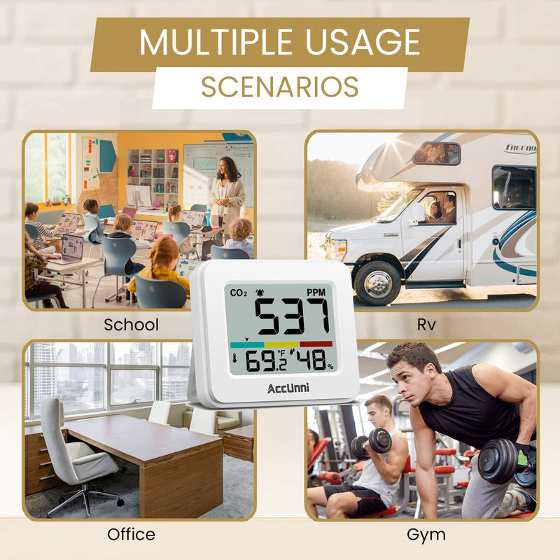 CO2 Monitor Air Quality Monitor Indoor Battery Powered, Portable Temperature Humidity Meter, CO2 Alarm for Home, Hotel, Cars, Office or School