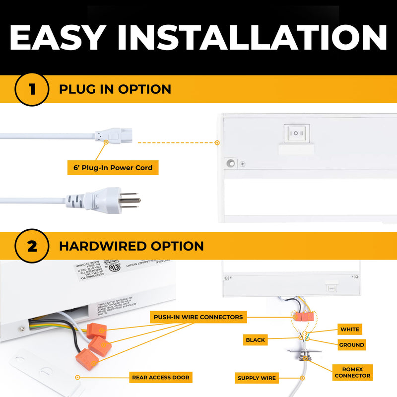 LED Under Cabinet Lighting Hardwired - 3CCT 9 Inch White Finish - Undercabinet Lights for Kitchen - Linkable Undercounter Dimmable Plug in Light or Hard Wired - Under Counter Fixture Direct Wire