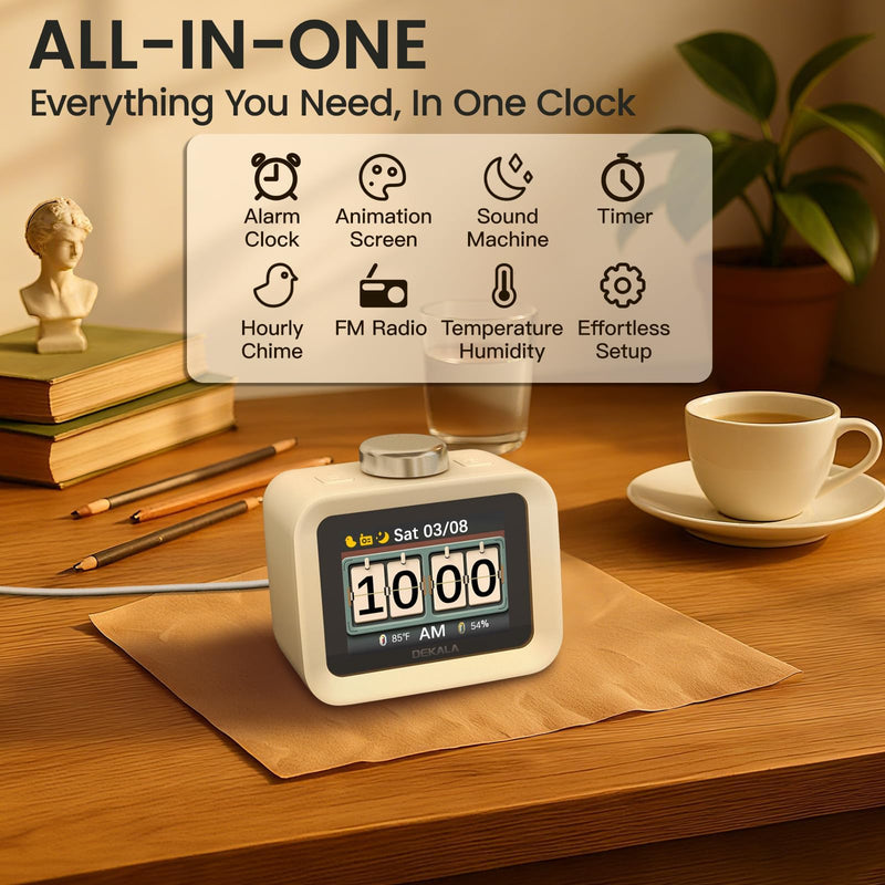 Dekala ChronoSense Alarm Clock Radio for Bedroom Temperature Humidity, 7-Day Programmable 4 Alarms, 100dB Loud Gradual Alarm for Heavy Sleeper, Visual Timer Clock Radio，White Noise Sound Machine Square