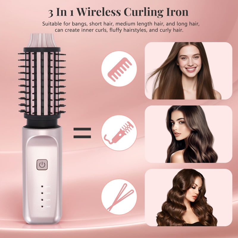 Cordless Curling Brush,3-in-1 Wireless Hair Curler Straightening Brushes,Portable USB Rechargeable Curling Iron,140℃-200℃,Travel Hot Brush for Curly/Straight/Volumising Styles