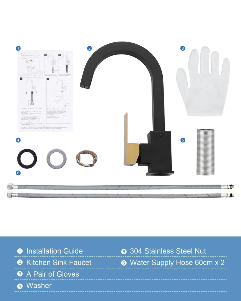 ALEASHA Bar Sink Faucet Black Gold, Bar Sink Faucet Single Hole, Stainless Steel Wet Bar Faucet with Single Handle for Kitchen Bathroom RV Restroom Sink, Durability Rust Square-Structured Faucet Black&Gold