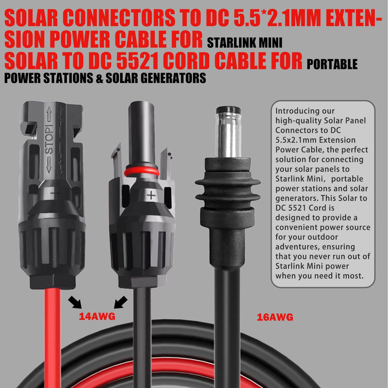 Solar Connectors to DC 5.5 * 2.1mm Extension Power Cable for Starlink Mini, Solar Panels to DC 5521 Cord Cable for Portable Power Stations & Solar Generators (25FT) 25FT