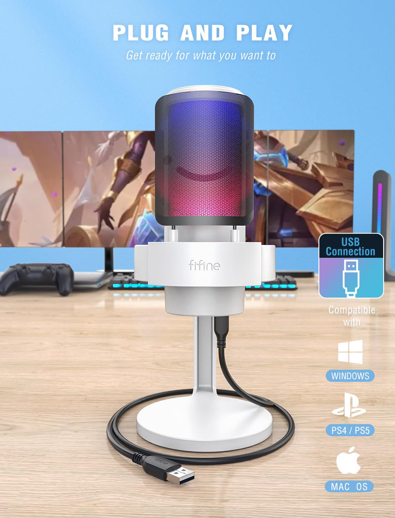 FIFINE Gaming USB PC Computer RGB Microphone for Live Streaming, Meeting, Podcasting, Video, Condenser Mic with Monitoring Headphone Jack, Light Control, for MAC OS/Windows-AmpliGame A8 White