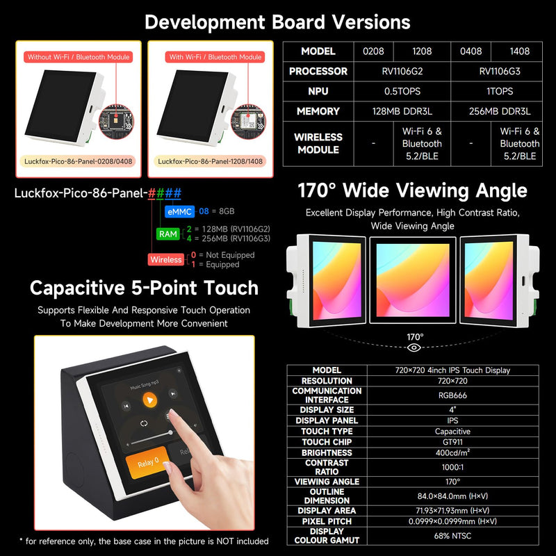 Waveshare Luckfox Core1106 Smart 86 Box Development Board, RV1106G2, 0.5/1TOPS, 128MB/256MB DDR3L, ARM Cortex-A7 32-bit, Onboard 4inch 720 × 720 Pixel Touch Display, RS485 Interface, with Wireless