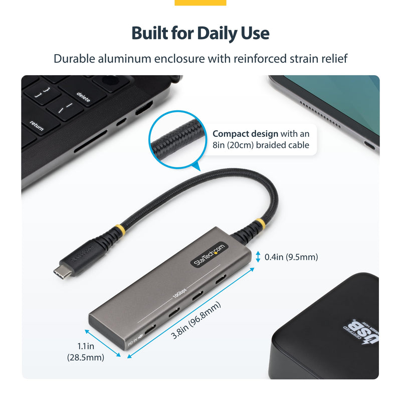 StarTech 4-Port USB-C Hub 10Gbps with 100W PD Charging (309B-USBC-HUB) | 3 dedicated 10Gbps USB-C data ports plus 1 shared data or PD port, Overcurrent protection, Driverless