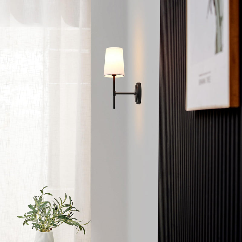 GLOBE Electric 51859 1-Light Wall Sconce, Matte Black, White Fabric Shade, Wall Lighting, Wall Lamp Dimmable, Wall Lights for Bedroom, Kitchen Sconces Wall Lighting, Home Décor, Bulb Not Included Matte Black, White Shade