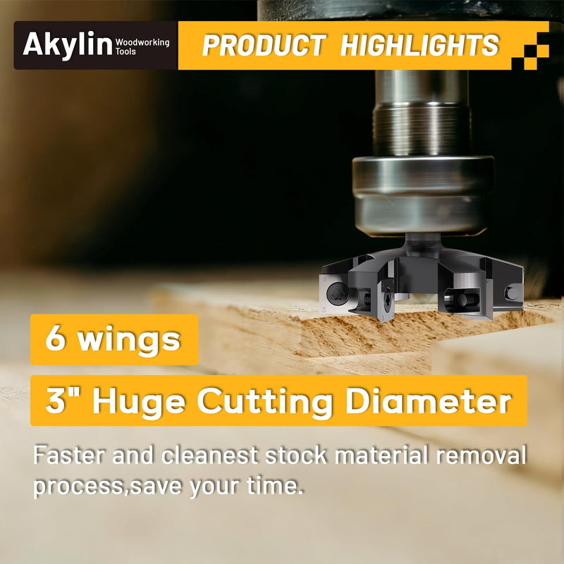 CNC Slab Flattening Router Bit 1/2 Shank,3" Cutting Dia.Heavy Duty Surfacing Router Bits-6 Wings Milling Cutter, Carbide Insert Planer Bit for Wood Spoilboard Planing,Bottom Cleaning 3"d*6 Wings