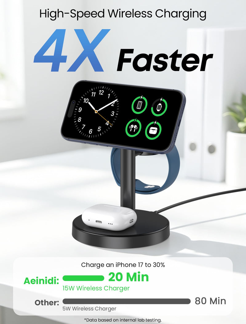 Aeinidi 3 in 1 Fast Wireless Charging Station for Apple, 15W Strong Magnetic Charging Stand Compatible with MagSafe Charger for iPhone 17 16 15 14 13 12 Apple Watch AirPods Series, Adapter Included Classic Black