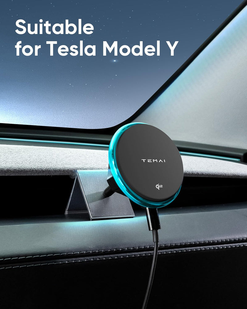 TEMAI Car Mount Charger, 15W MagSafe Wireless Car Charger & Phone Holder for Model Y Juniper(2025)- Strongest Magnetic Fast Charging Accessories Slideable Air Vent Mount with Silicone Pads Slideable Vent Mount + Charging Model Y Juniper(2025)