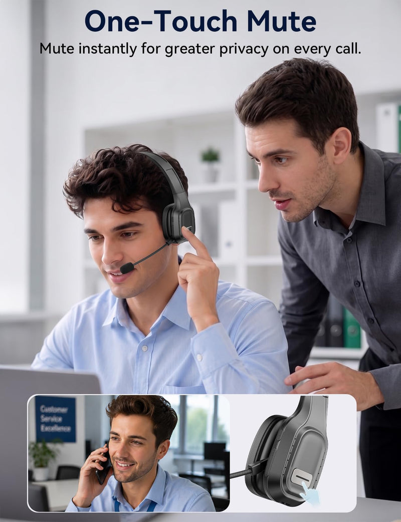Bluetooth Headset with Mic, 60 Hours Talking Time Single-Ear Wireless Headset, ENC Noise Canceling, One-Touch Mute, Dual-Device Connection for Truck Driver, Office, Call Center, Phone/PC, Black