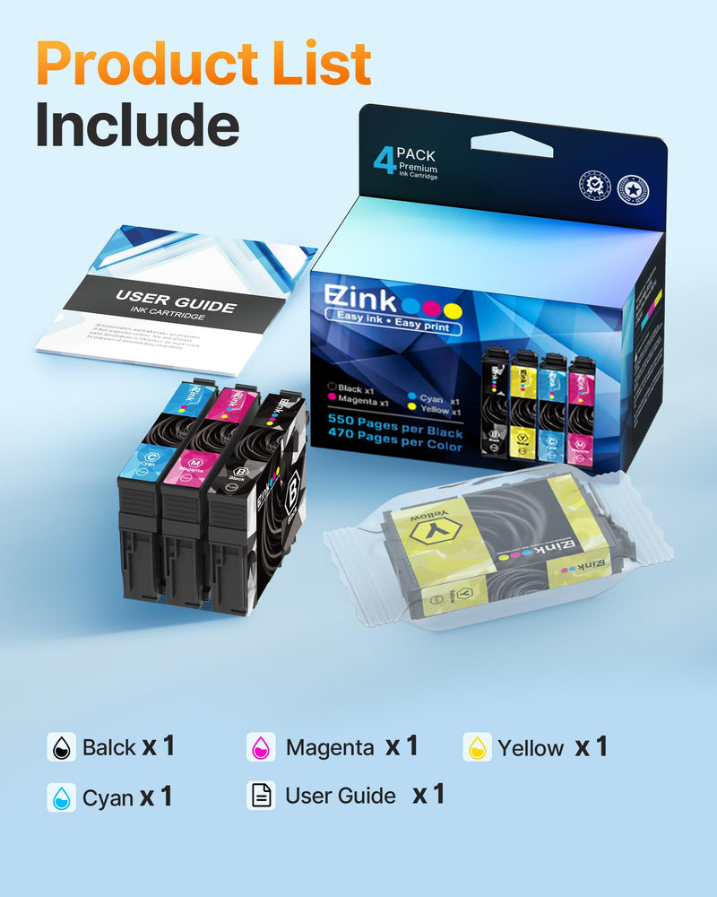 E-Z Ink Remanufactured Replacement for 202XL Ink Cartridges Multipack 4Pack | Compatible for 202 XL ink for Epson Printer Workforce WF-2860 WF2860 WF 2860 Expression Home XP-5100 XP5100 XP 5100 (B/C/M/Y)