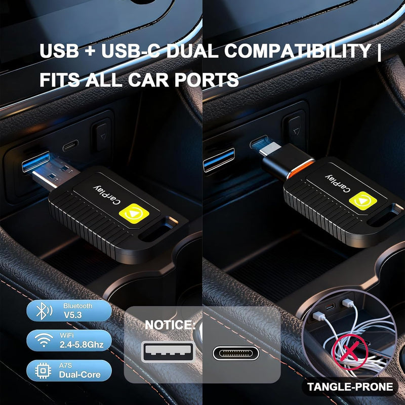 2‑in‑1 Wireless Carplay Adapter for Apple iPhone & Android Auto | Mini Dongle, Convert Wired Apple Carplay to Wireless Adapter, Automatic Connection, Low Latency, Plug & Play, Usb‑A/Type‑C