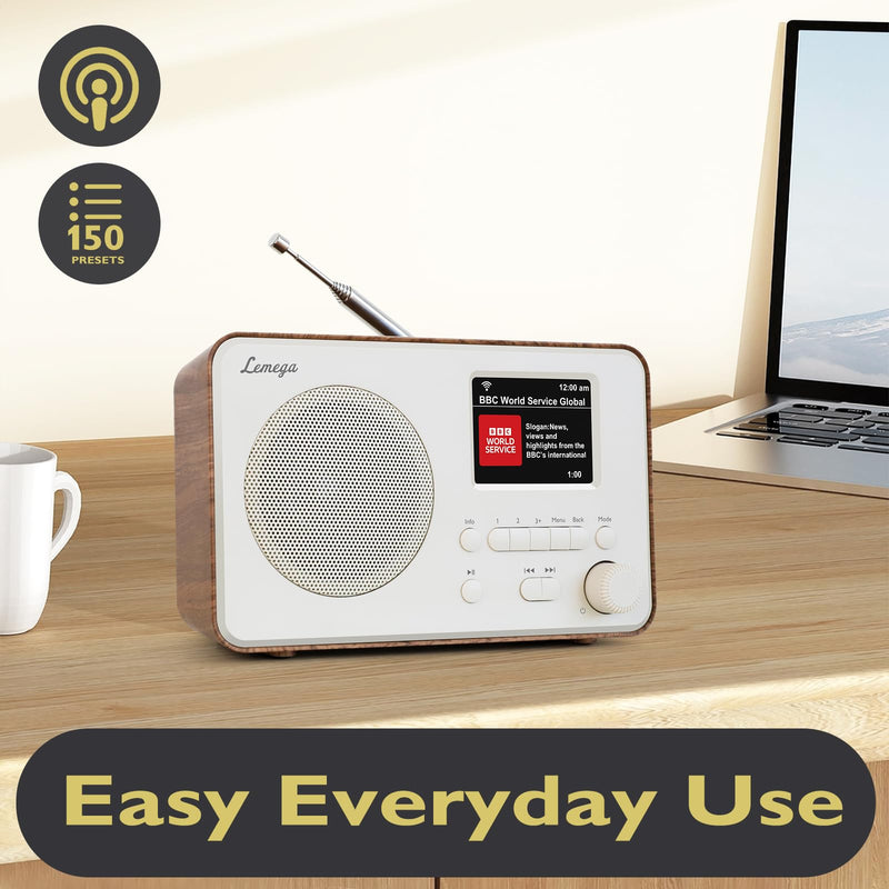 LeMega IR1PRO Internet Radio, Podcasts, Bluetooth, FM, Walnut | Alarm clock, full colour display, mains or AA battery, compact kitchen radio, snooze, sleep timer, 150 unified presets