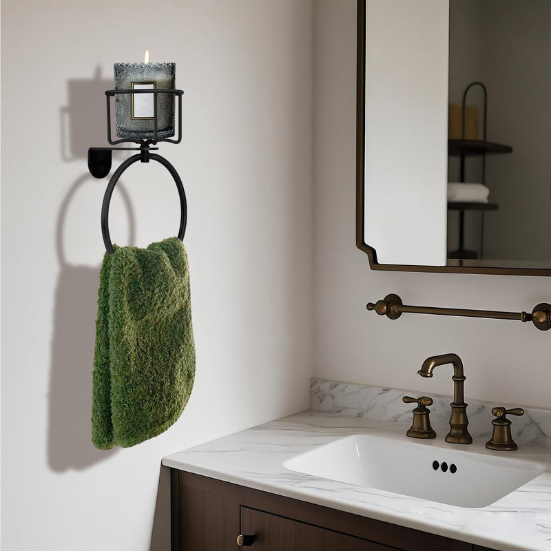 2Pcs Vintage Towel Ring with Candle Holder – Unique Antique Rustic Bathroom Accessories, Towel Holder, Wall-Mounted, Sturdy (Black) Black 2