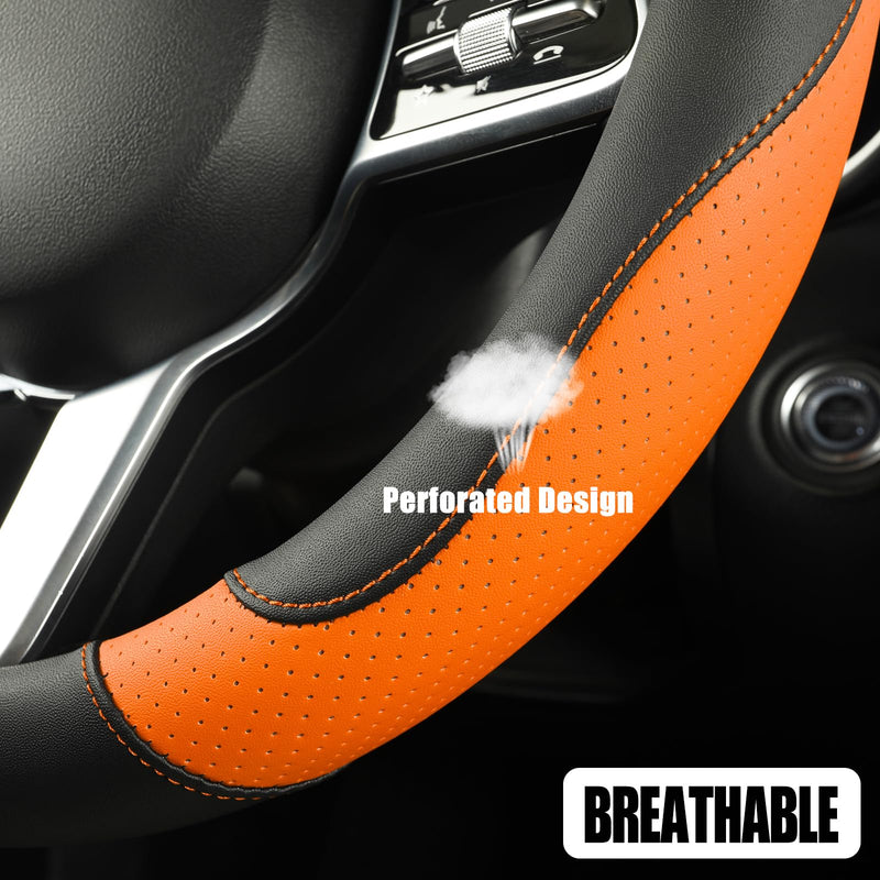  [AUSTRALIA] - Leather Steering Wheel Cover, Breathable, Anti Slip & Odor Free, Black and Orange Black Orange Round-Middle[14.5''-15'']