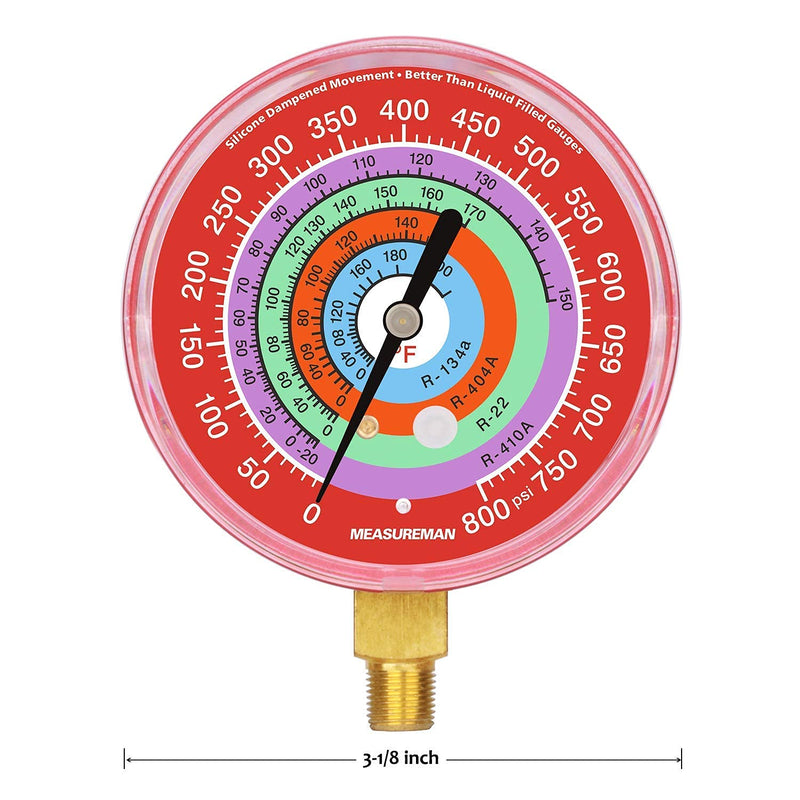Measureman Refrigeration Pressure Gauge Kit, 3-1/8" Dial, Blue Dial & Red Dial, 1/8" NPT Lower Mount, 30inHg-0-250psi, 250-500psi & 0-800psi 3-1/8" Dial (Red & Blue Kit)