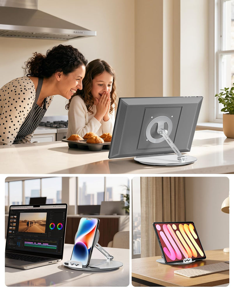 WALI Echo Show 15/21 Stand, Adjustable Stand for Echo Show 15/21 and Up to 18" Tablets/Portable Monitors, 360 Degrees Rotating Tilt Foldable Show 15, 21 Accessories for Kitchen Home Office, Silver
