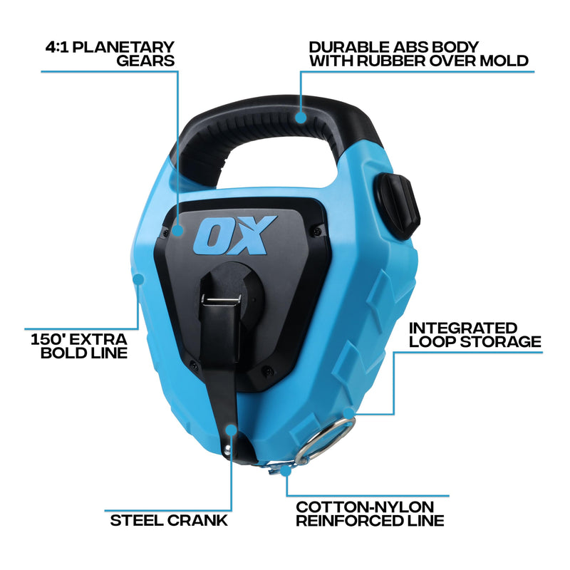 OX Pro Giant Chalk Line 150ft Quick-Wind Cotton Nylon Extra Bold Line Chalk Reel with Rubber Grip - 4:1 Gear Ratio Professional Grade Marking Tool Choclain Choclay Tiralineas 150ft Giant Chalk Reel