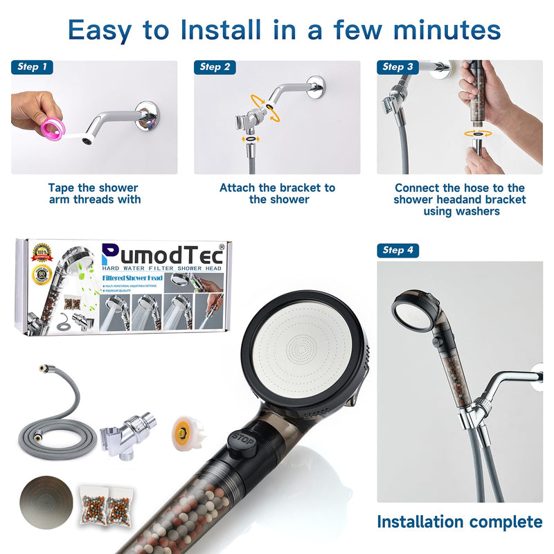 Filtered Shower Head with Handheld - High Pressure Mineral ShowerHead with Filters for Hard Water - Reduces Dry Itchy Skin, Easy Instal, 4 Modes, Water Saving, Durable, Detachable anti blocking Black