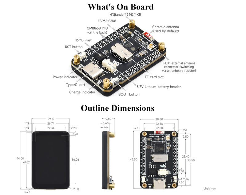 ESP32-S3 1.64inch AMOLED Touch Display Development Board, 280x456, QSPI Interface, Onboard Accelerometer and Gyroscope Sensor and Other Interfaces, ESP32 with Display