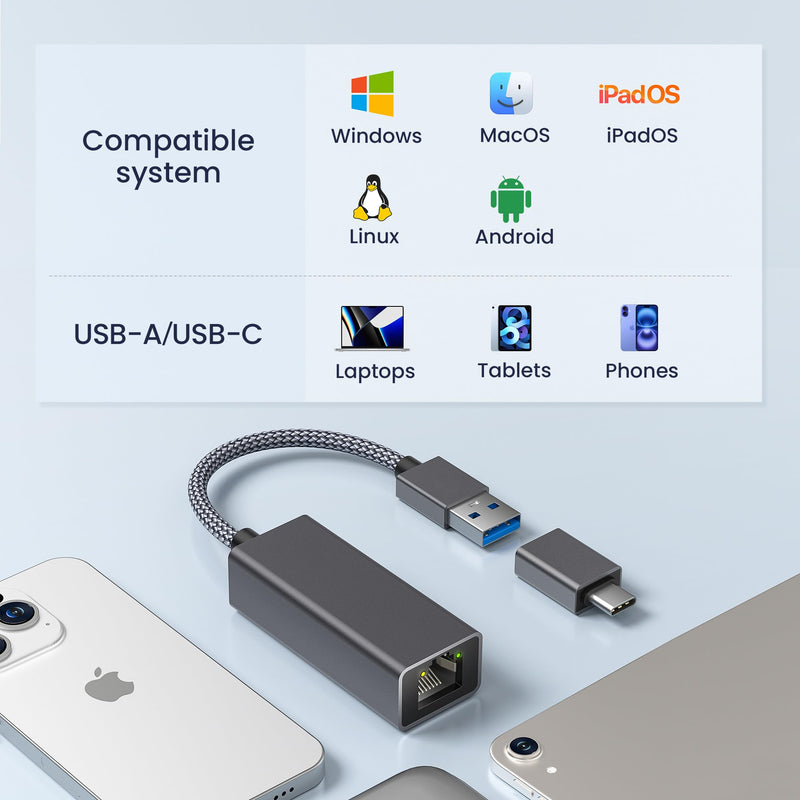 RUXELY USB 3.0 Gigabit Ethernet Adapter with USB-C Converter,1000Mbps RJ45 Connector,Wired LAN Network Adapter for Nintendo Switch,MacBook Air/Pro,Windows,MacOS,iPadOS,Tablets,Android,Linux,Laptop,PC USB +OTG TO RJ45 Gray