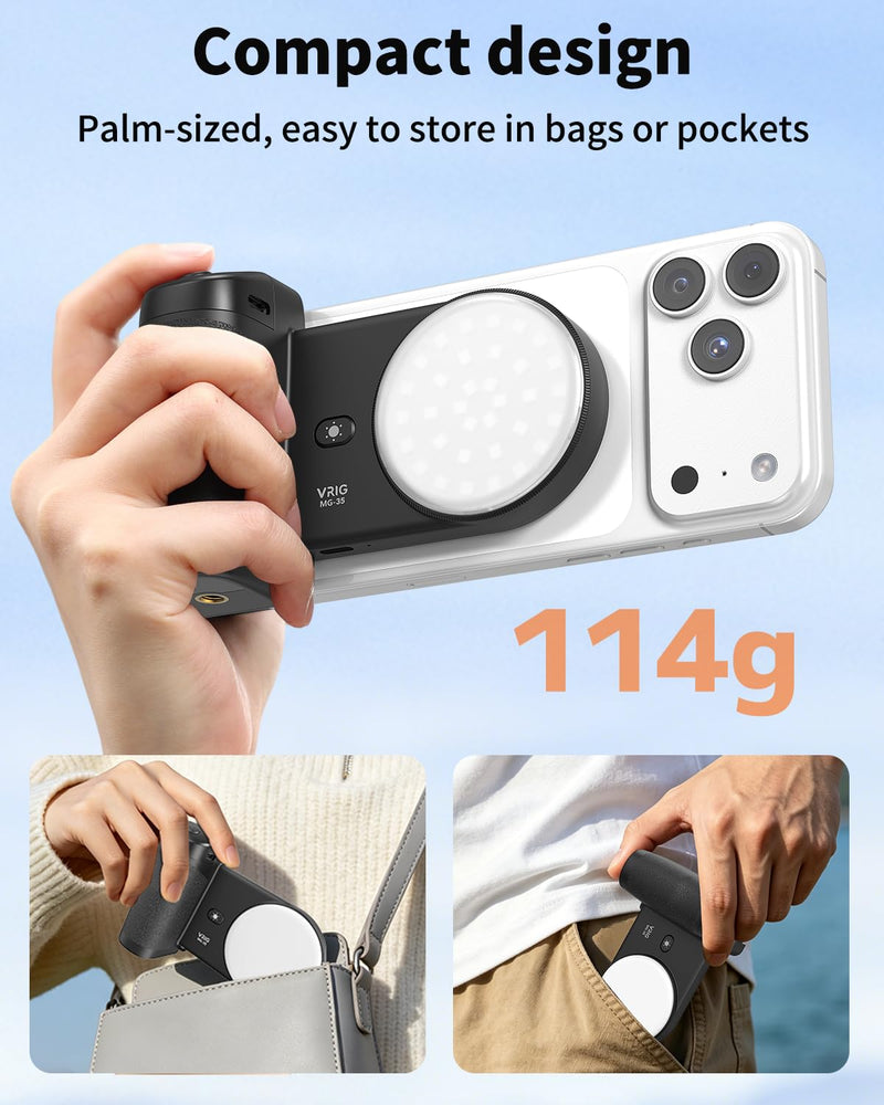 VRIG MG-35 Magnetic Phone Camera Grip for iPhone/Android with Detachable Wireless Shutter Remote,Three-Gear Adjustable Fill Light, 1/4" Tripod Screw - Comfort Ergonomic Camera Grip Handle Holder MG-35 Grip