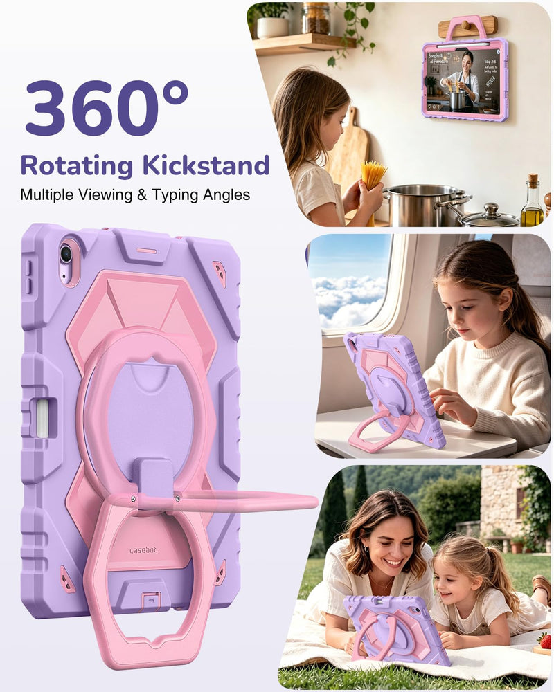 Fintie Kid-Friendly Case for iPad Air 11-inch & iPad Air 5th/4th Gen 10.9" | 360° Rotating Stand, Heavy Duty Shockproof Cover with Built-in Screen Protector, Shoulder Strap for Easy Carry, Purple