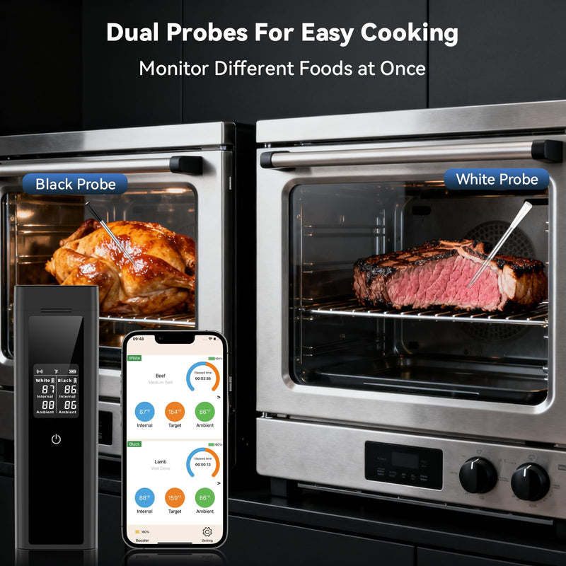 Smart Wireless Meat Thermometer Digital, 2 Probes, Advanced Bluetooth Food Thermometer for Cooking, IP67, Real-Time Monitoring & Smart Alerts with APP for BBQ, Grill, Oven, Smoker, Kitchen Gifts Black