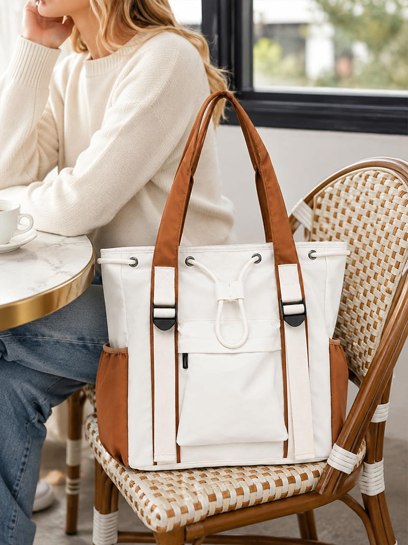 Drawstring Tote Purse for Women Beige Multi-Pocket Crossbody Bag Large Laptop Compartment Handbag White
