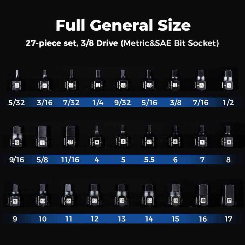 toolant 3/8"drive impact hex bit socket set 27PCS,Hex Drive, SAE/Metric, 5/32"-11/16",4mm-17mm, S2 Steel Air Drive Allen Socket set,Impact Grade，Anti-Roll Design 3/8" drive - 4mm-17mm - 27 PCS