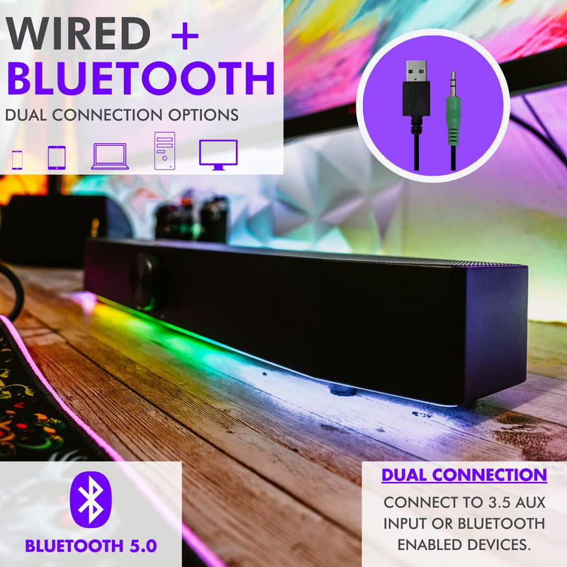 Tilted Nation Gaming Soundbar - Monitor Sound Bar for PC - RGB Computer Speakers for Desktop PC (Wireless or USB Wired) Crisp Audio and Adjustable LED Black