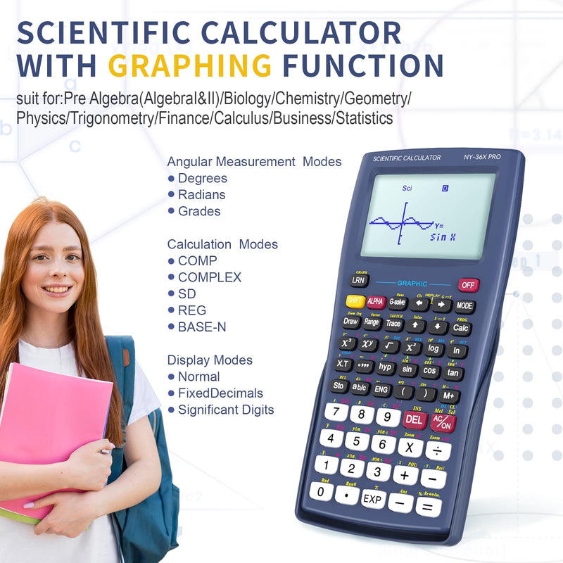 Scientific Calculator with Graphing Function, NEWYES 36X Pro Graphic Science Calculator for Middle and High School Supplies (Blue) AC0501