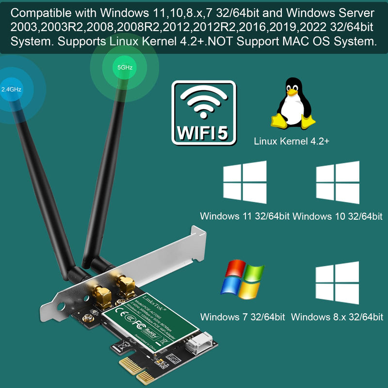 Wireless-AC 1200Mbps (2.4GHz 300Mbps and 5GHz 867Mbps) PCIE WiFi Adapter, PCIE WiFi Card, Intel Wireless-AC 7265 Network Adapter for Windows 11,10, 8.x, 7 (32/64bit) Desktop PCs (PCIE-AC7265)