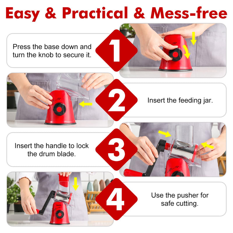 Cheese Grater Rotary, Rotary Grater for Kitchen, Kitchen Grater Vegetable Slicer with 3 Drum Blades, Fast Cutting Cheese Shredder for Vegetables and Nuts Red 3 BLADES