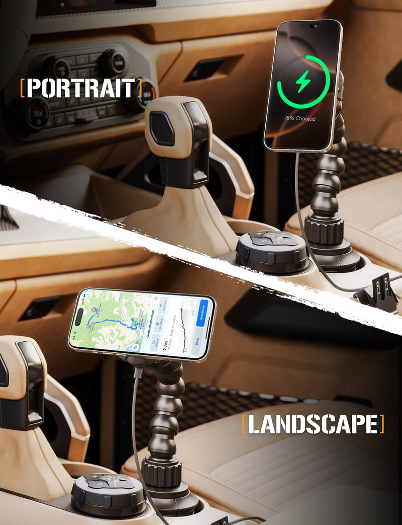 MagTough MagSafe Cup Holder Phone Mount, 15W Wireless Charging | 15W wireless charging cup holder phone mount with flexible Python arm for iPhones, Qi2 devices, and magnetic cases