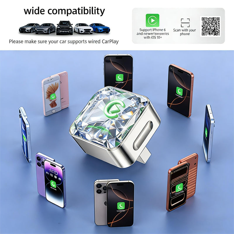 Wireless Apple CarPlay Adapter, 5.8G Quad-Core Chip No Latency, Aerospace Silicone Cooling, Zn-Alloy & Diamond Panel, Plug & Play Wired to Wireless CarPlay Adapter