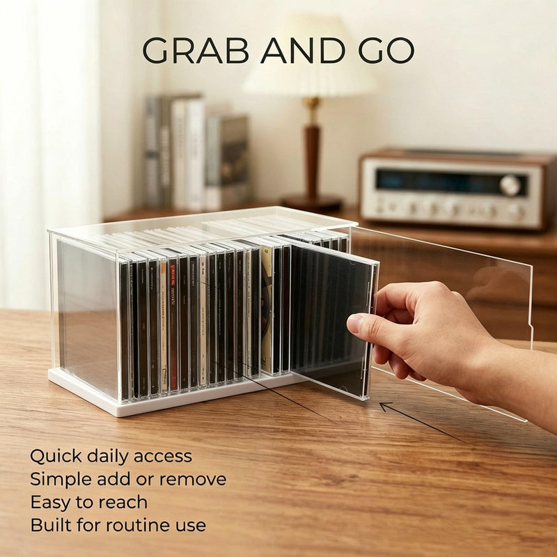 Clear Acrylic CD Holder Rack, Stackable CD Storage Box with Dustproof Door, DVD Display Case and Media Organizer for Music Disc, Blu Ray, Game Cases, Cassette, Shelf or Desktop