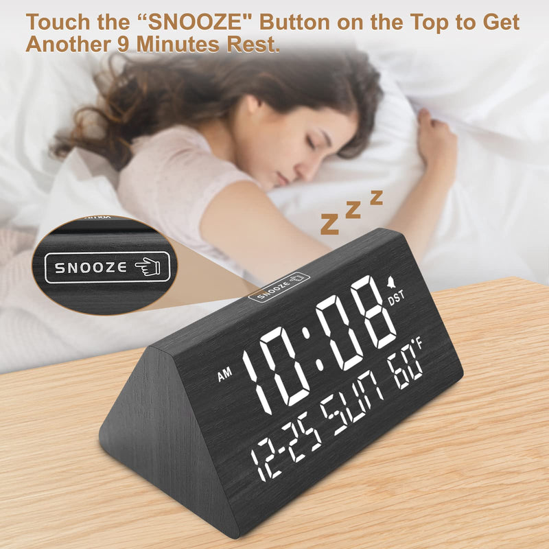 DreamSky Digital Alarm Clocks for Bedrooms - Wooden Desk Clock with Date, Day of Week, USB Port, Temperature, Dimmer for Bedside Table, Living Room, Office, Adjustable Volume, Auto DST, Wood Decor Black - Date & Day