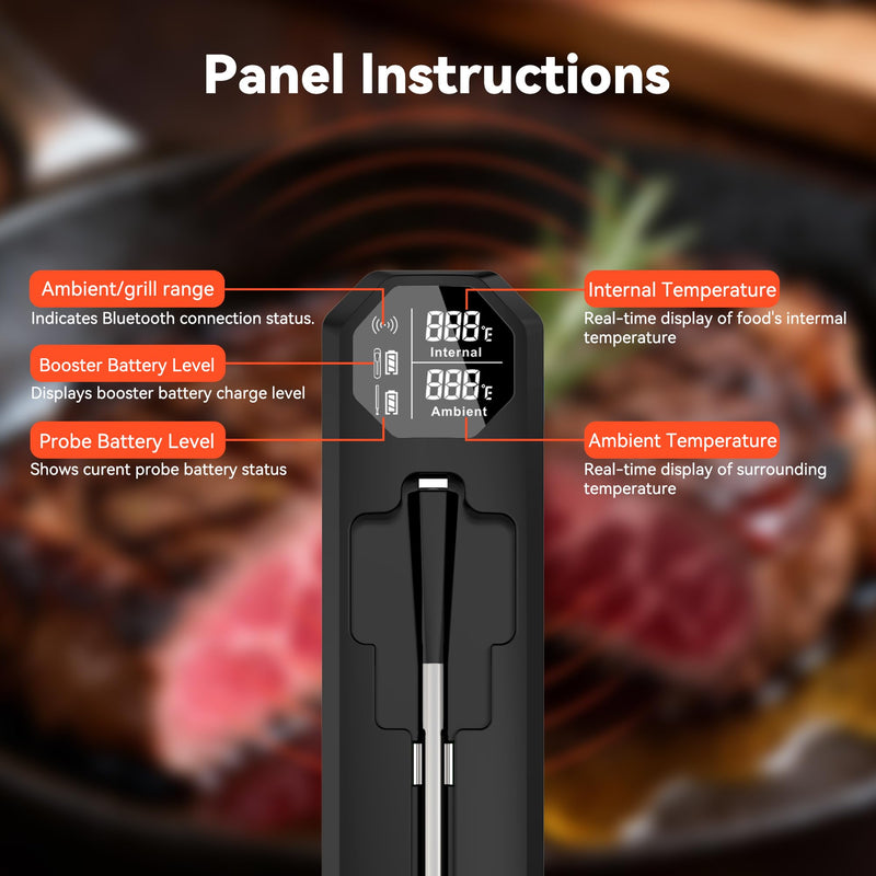 TechRise Bluetooth Wireless Meat Thermometer with APP, Wireless BBQ Grill Thermometer for Oven,Smoker,Air Fryer,Kitchen Cooking,Instant Read Digital Probe with Alarm, Long Range,Rechargeable,Black Black
