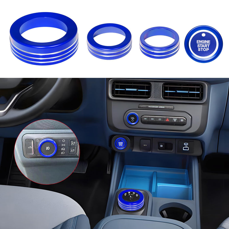 for Ford Maverick 2025 Accessories Interior Decor Gear Shift 4WD Engine Start Stop Headlight Volume Radio Control Switch Center Consoles Knob Cover 5Pcs Aluminum Alloy (Blue, 2025-Up) Blue