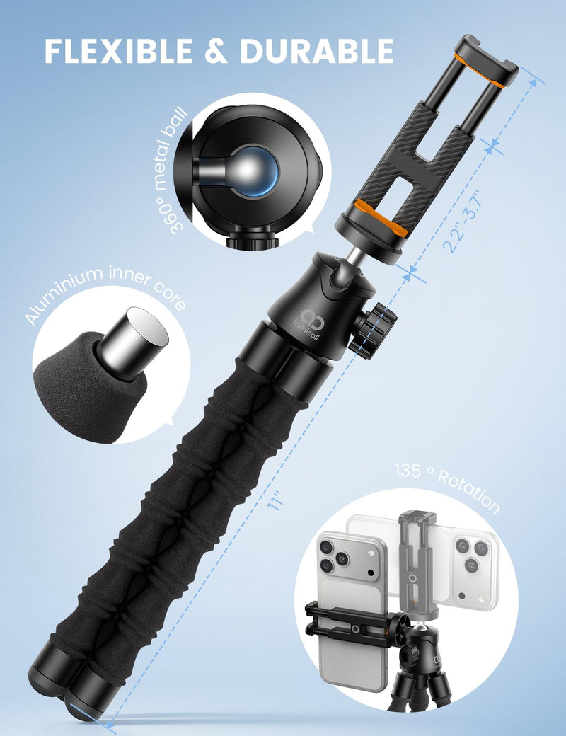 Lamicall Tripod for iPhone with Wireless Remote for iPhone Gopro Camera | Ultra-Stable, Mini Flexible Phone Stand for Recording with 1/4'' Screw, Cold Shoe for Pocket 3/4 fit Travel Content Creation 11.2inches