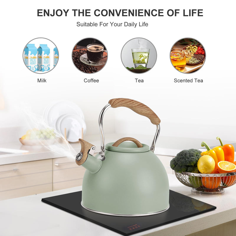 Tea Kettle, Vegoran 100 OZ / 3 Liter Whistling Tea Kettle, Tea Pots for Stove Top Food Grade Stainless Steel with Wood Pattern Folding Handle, Loud Whistle Kettle for Tea, Coffee, Milk (Green) Green