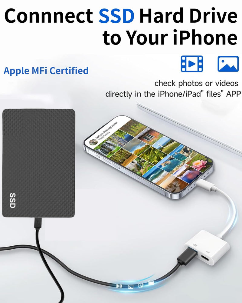 Apple Lightning to USB Camera Adapter with Charging Port for iPhone | MFi Certified USB 3.0 Female OTG Adapter Compatible with iPad, Support SD Card Reader, USB Flash Drive, Keyboard, Mice, Mouse
